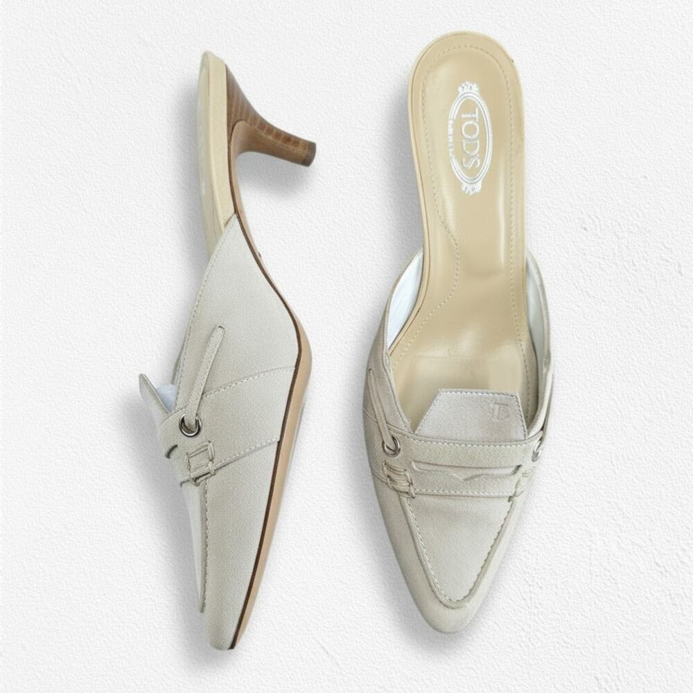 Vintage Y2K Tod's Beige Neutral Suede Loafer Mule Kitten Heels EU 39.5 Italy 9.5